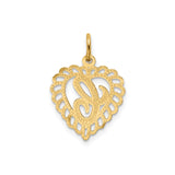 14k Yellow Gold Heart Shaped Initial Pendant with Script Letter L and Lace Border