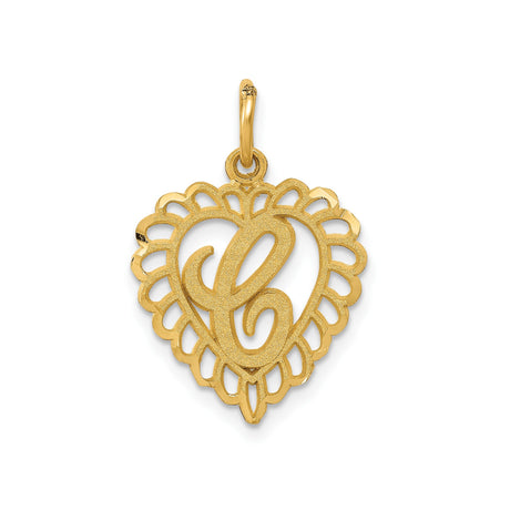 14k Yellow Gold Heart Shaped Initial Pendant with Script Letter L and Lace Border