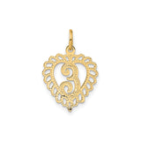 14k Yellow Gold Heart Pendant with Script Letter E and Filigree Border Design