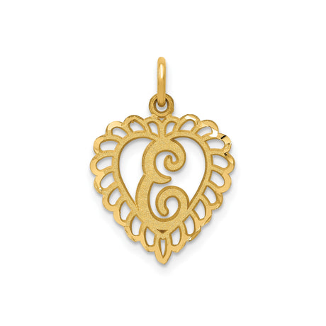 14k Yellow Gold Heart Pendant with Script Letter E and Filigree Border Design