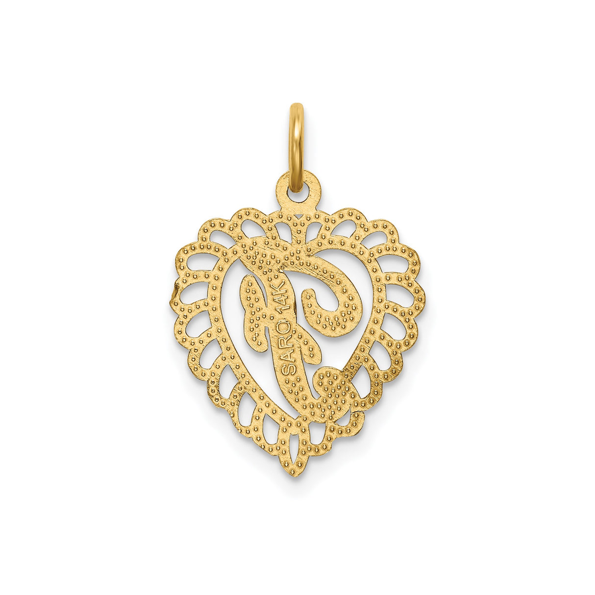 14k Yellow Gold Heart Pendant with Textured Script F Initial and Scalloped Filigree Border