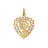 14k Yellow Gold Heart Pendant with Textured Script F Initial and Scalloped Filigree Border