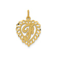 14k Yellow Gold Heart Pendant with Textured Script F Initial and Scalloped Filigree Border