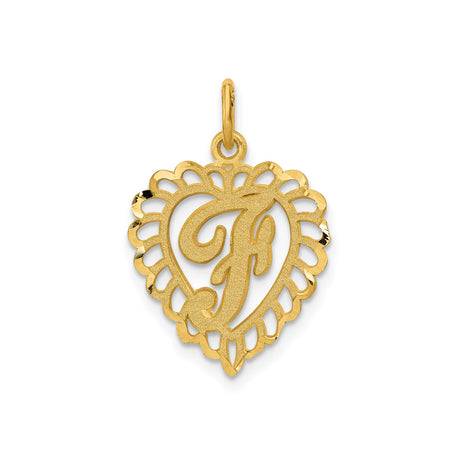 14k Yellow Gold Heart Pendant with Textured Script F Initial and Scalloped Filigree Border