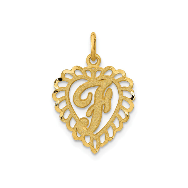 14k Yellow Gold Heart Pendant with Textured Script F Initial and Scalloped Filigree Border
