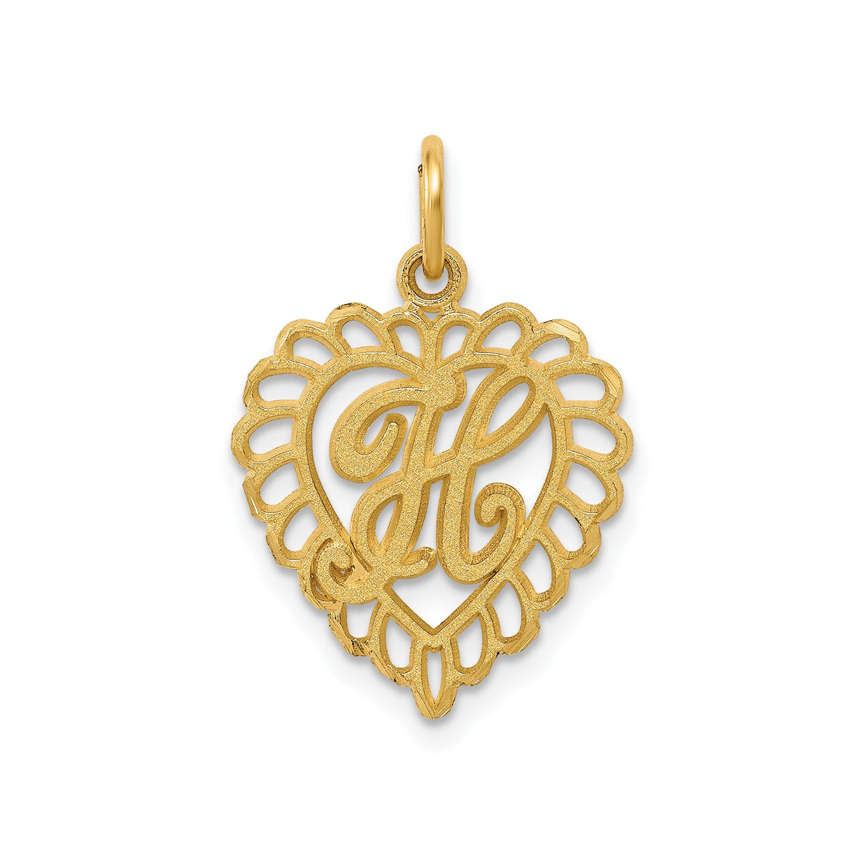 14k Yellow Gold Heart Pendant with Letter H, Filigree Monogram Charm for Women