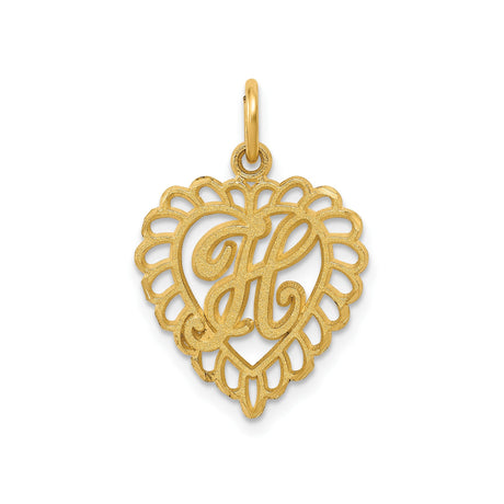 14k Yellow Gold Heart Pendant with Letter H, Filigree Monogram Charm for Women