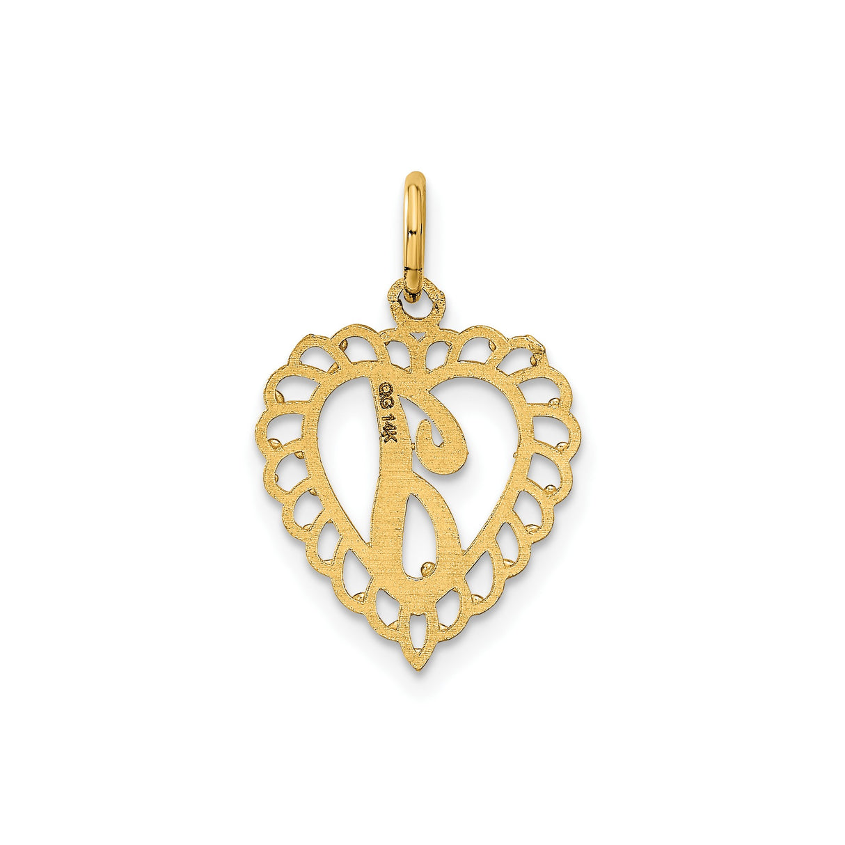 14k Yellow Gold Heart Pendant with Script Letter J and Scalloped Border