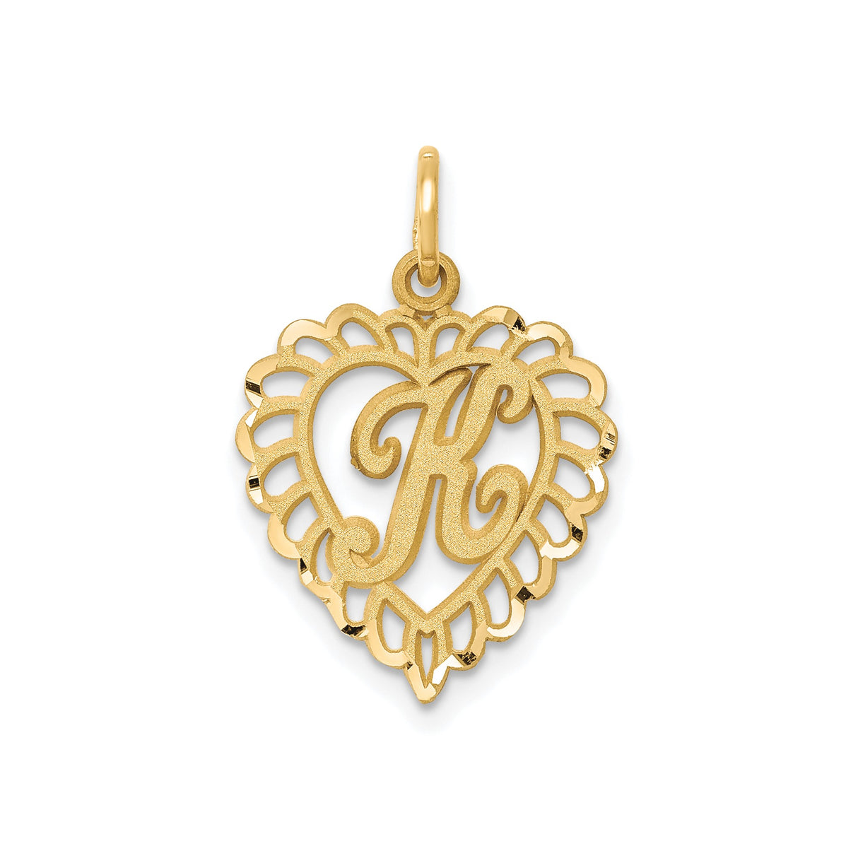 14k Yellow Gold Heart Pendant with Ornate Cutout Design and Script Letter R Charm
