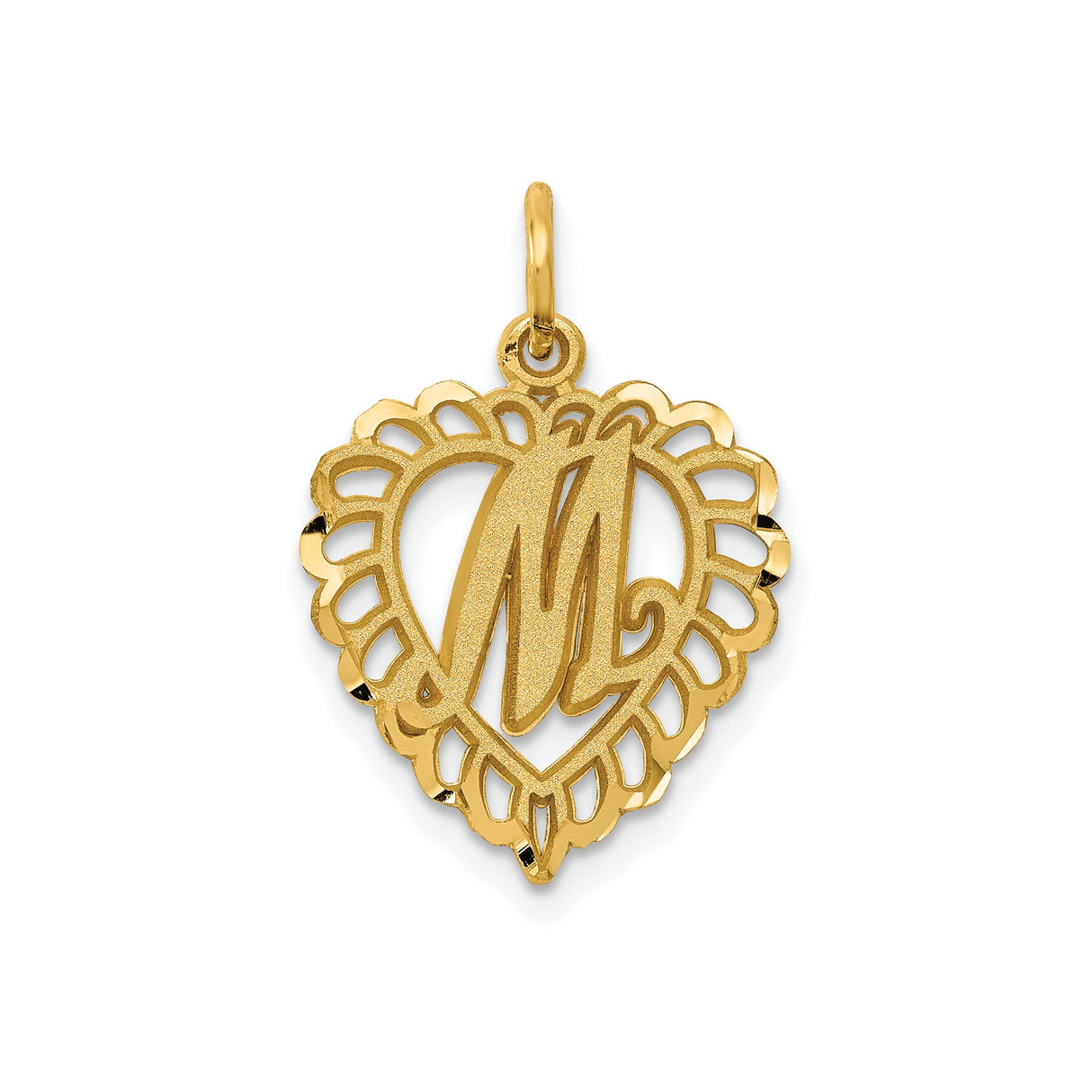 14k Yellow Gold Heart Pendant with Script M Initial and Filigree Border