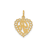 14k Yellow Gold Heart Pendant with Script Letter R, Scalloped Monogram Charm