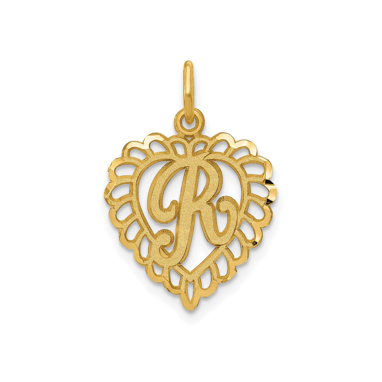 14k Yellow Gold Heart Pendant with Script Letter R, Scalloped Monogram Charm