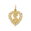 14k Yellow Gold Heart Pendant with Raised Letter S and Ornate Cutout Design