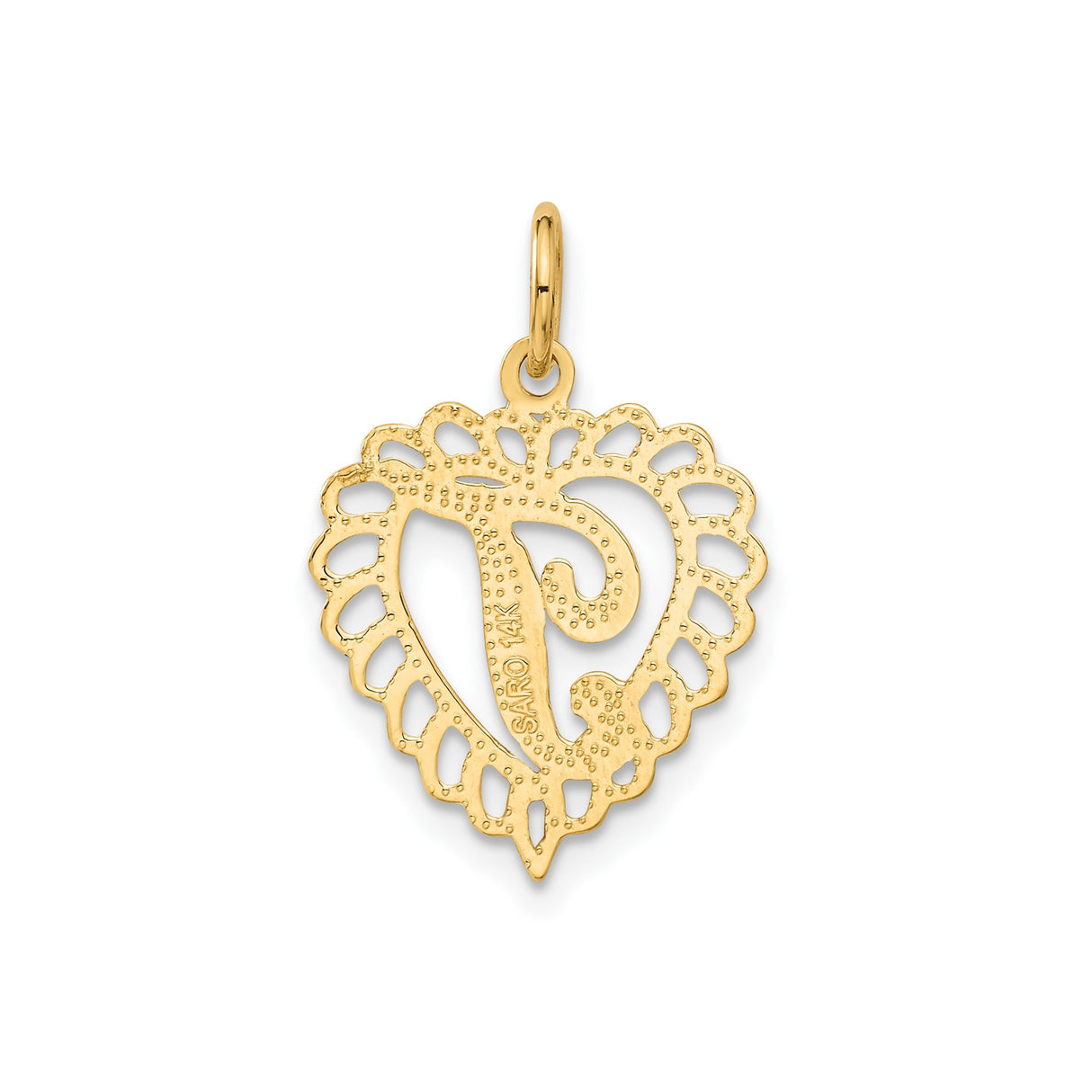 14k Yellow Gold Heart Pendant, Filigree Monogram Letter T Charm for Women