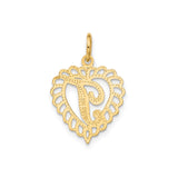 14k Yellow Gold Heart Pendant, Filigree Monogram Letter T Charm for Women
