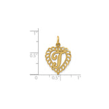 14k Yellow Gold Heart Pendant, Filigree Monogram Letter T Charm for Women