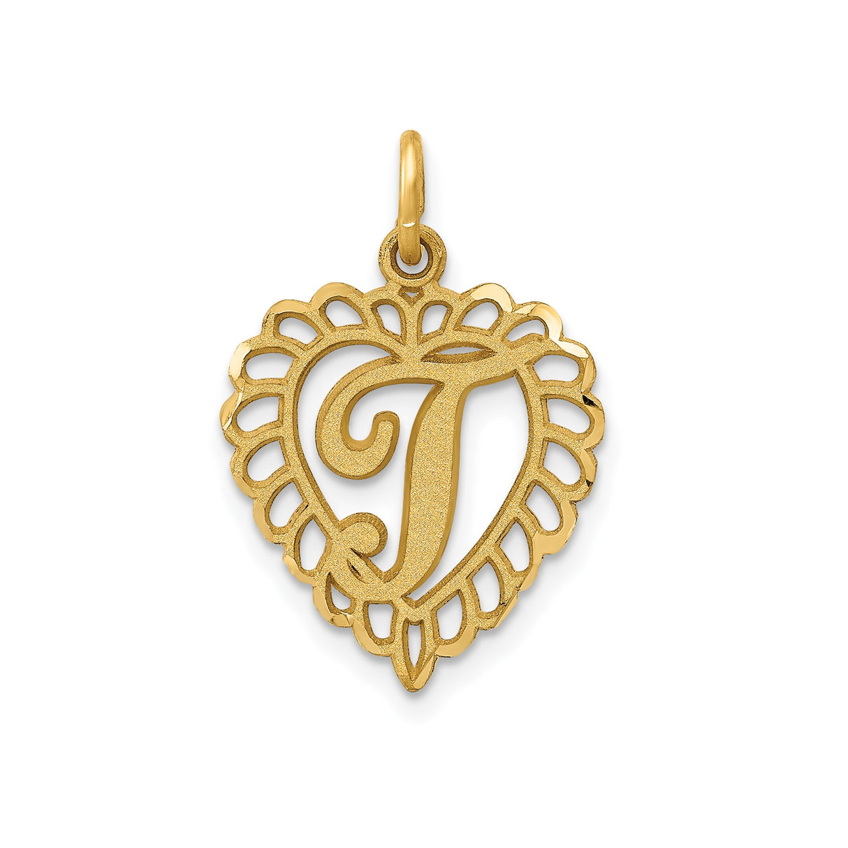 14k Yellow Gold Heart Pendant, Filigree Monogram Letter T Charm for Women