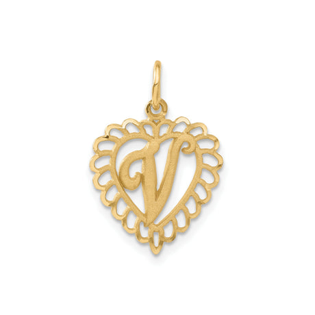 14k Yellow Gold Heart Pendant with Script Letter V and Scalloped Edge Charm