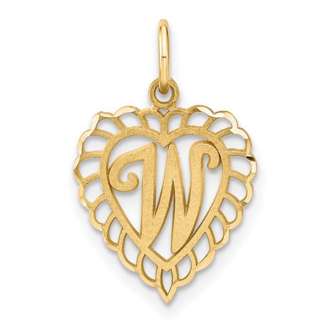 14k Yellow Gold Heart Pendant with Script Letter W, Ornate Filigree Monogram Charm