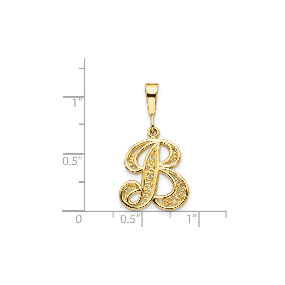 14k Yellow Gold Letter B Pendant, Floral Filigree Alphabet Charm with Cursive Detailing