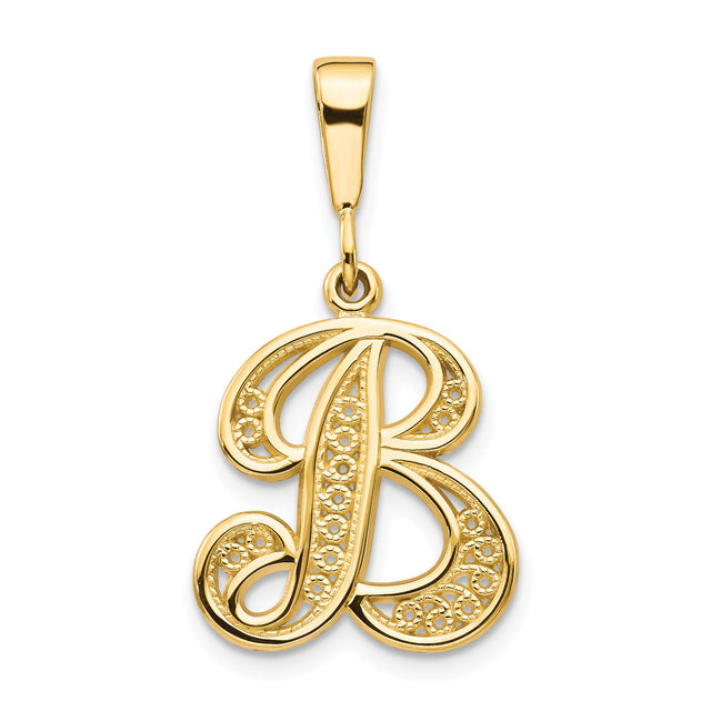 14k Yellow Gold Letter B Pendant, Floral Filigree Alphabet Charm with Cursive Detailing