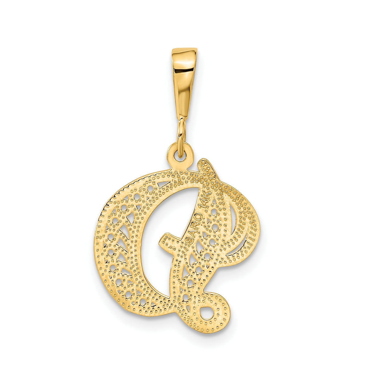 14k Yellow Gold Script Initial D Pendant with Filigree Scrollwork and Floral Accents