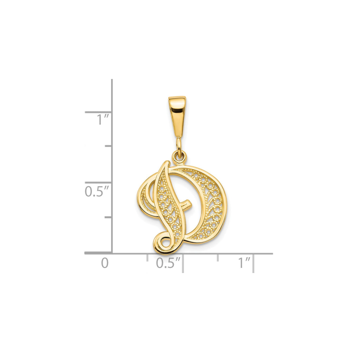 14k Yellow Gold Script Initial D Pendant with Filigree Scrollwork and Floral Accents
