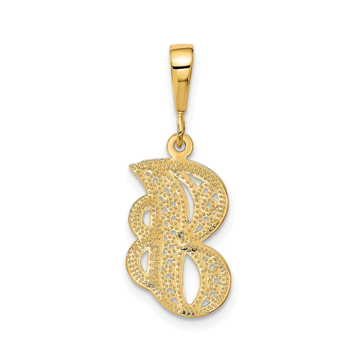 14k Yellow Gold Letter B Pendant, Filigree Script Initial Charm for Women