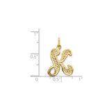 14k Yellow Gold Letter K Pendant with Ornamental Filigree Script Design