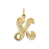 14k Yellow Gold Letter K Pendant with Ornamental Filigree Script Design