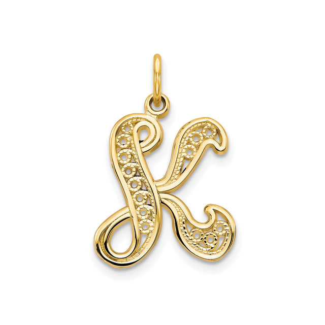 14k Yellow Gold Letter K Pendant with Ornamental Filigree Script Design