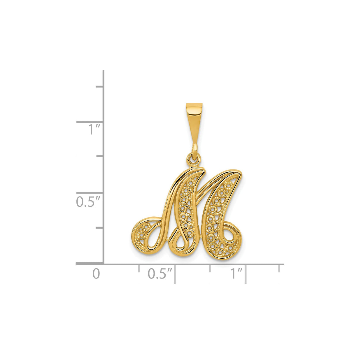 14k Yellow Gold Script Letter M Pendant, Decorative Filigree Initial Charm for Women