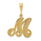 14k Yellow Gold Script Letter M Pendant, Decorative Filigree Initial Charm for Women
