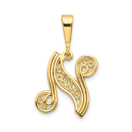 14k Yellow Gold Script Letter N Pendant with Filigree Detail and Polished Finish