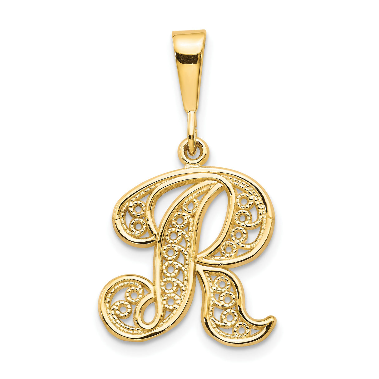 14k Yellow Gold Letter R Pendant, Filigree Script Initial Charm for Women
