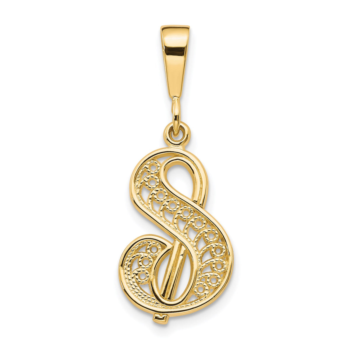 14k Yellow Gold Letter S Pendant, Script Monogram Charm with Filigree Detailing