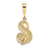14k Yellow Gold Letter S Pendant, Script Monogram Charm with Filigree Detailing