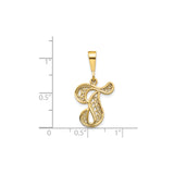 14k Yellow Gold Initial T Pendant with Filigree Scrollwork, Cursive Letter Charm for Women