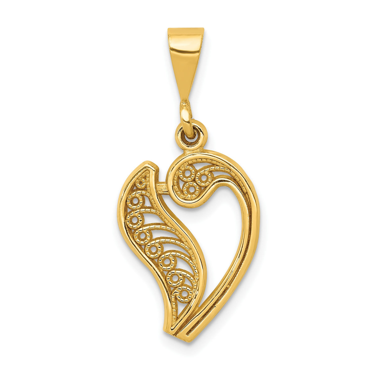 14k Yellow Gold Heart Pendant with Openwork Filigree Scroll Design for Women