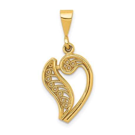 14k Yellow Gold Heart Pendant with Openwork Filigree Scroll Design for Women