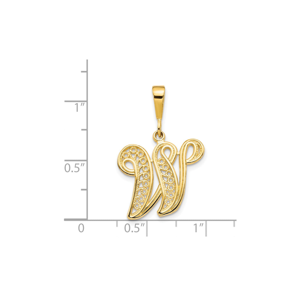 14k Yellow Gold Initial Pendant, Letter W Script Charm with Filigree Detailing, Dainty Monogram Jewelry