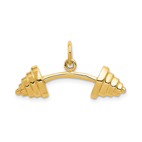 14k Yellow Gold Barbell Pendant, Weightlifting Fitness Charm, Unisex Strength Symbol Jewelry