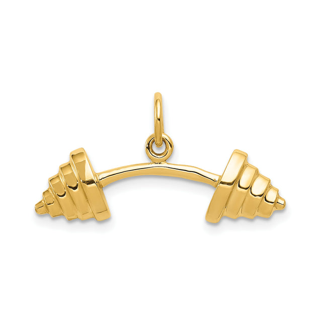 14k Yellow Gold Barbell Pendant, Weightlifting Fitness Charm, Unisex Strength Symbol Jewelry