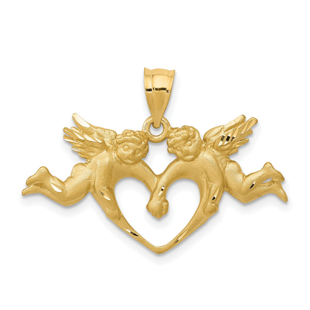 Two Angels Forming An Open Heart Charm Pendant in Real 14k Yellow Gold