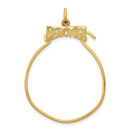 14k Yellow Gold Memories Pendant, Textured Script Above Teardrop Outline, Sentimental Keepsake Jewelry