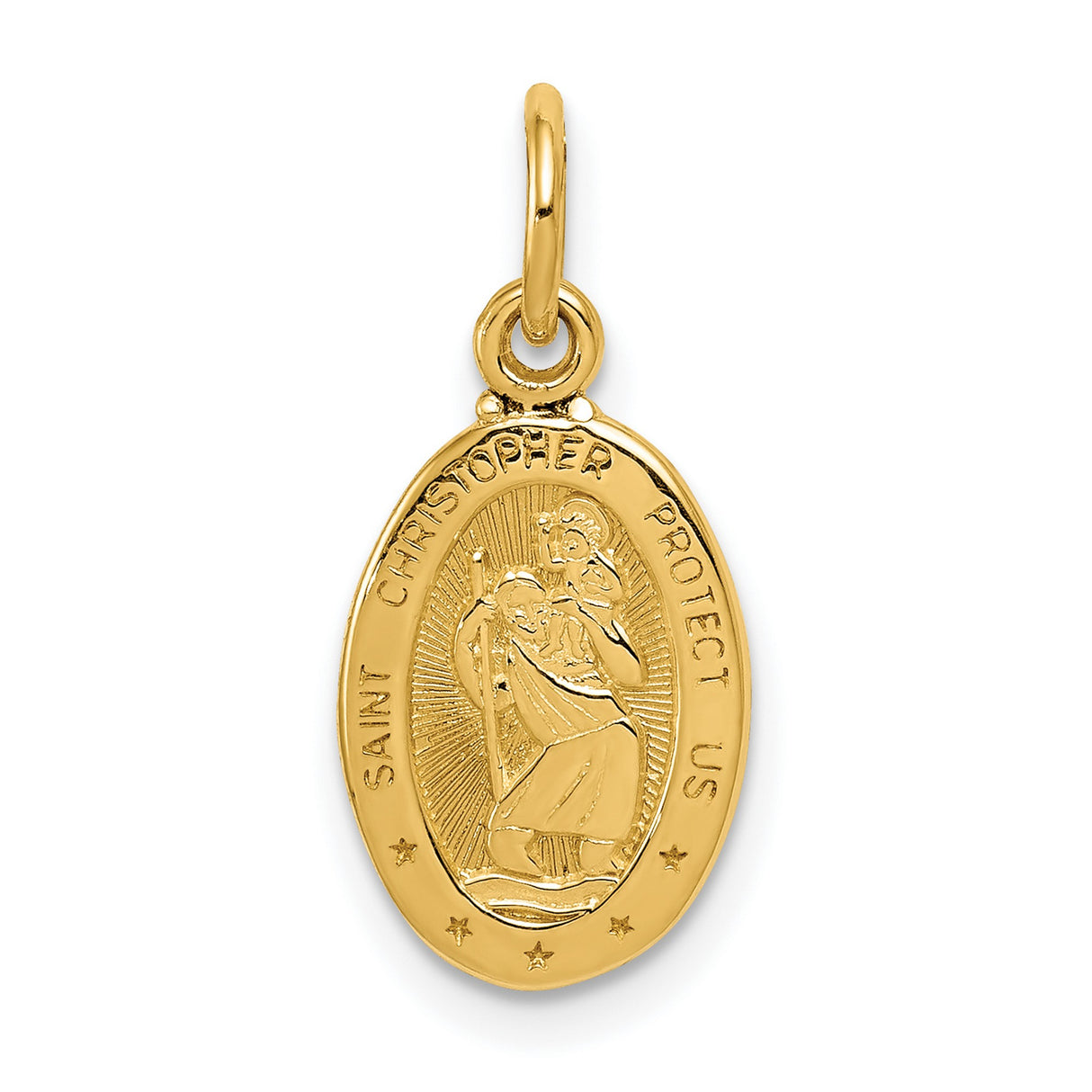 Saint Christopher Protect Us Words Solid Oval Charm Pendant in Real 14k Yellow Gold