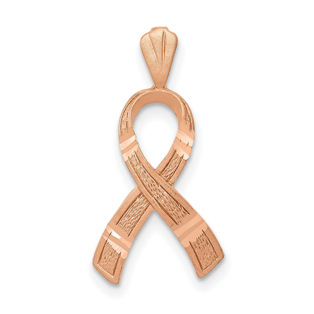 14k Rose Gold Awareness Ribbon Pendant with Textured Finish and Polished Accents for Women