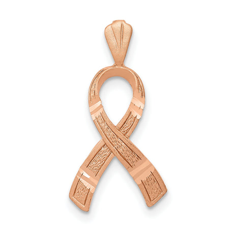 14k Rose Gold Awareness Ribbon Pendant with Textured Finish and Polished Accents for Women