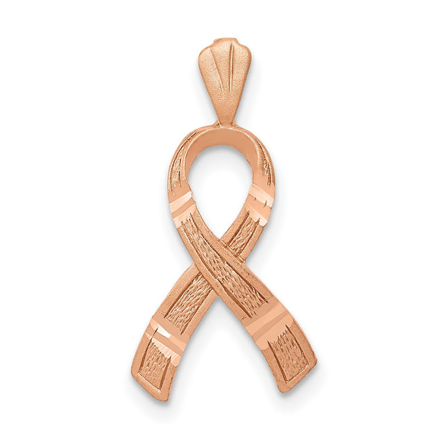 14k Rose Gold Awareness Ribbon Pendant with Textured Finish and Polished Accents for Women