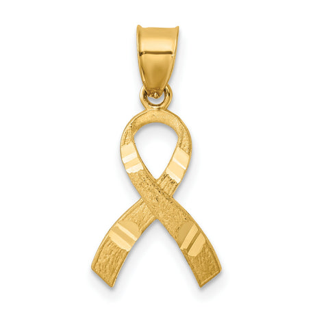 14k Yellow Gold Awareness Ribbon Pendant, Polished and Textured Looped Design for Women